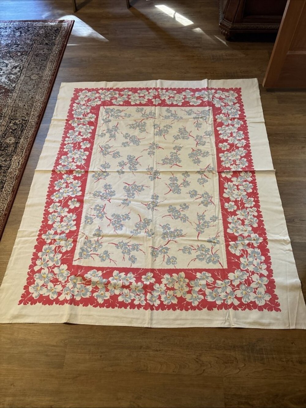Red Boarder Blue Floral Tablecloth Vintage 1950’s Size 60 X 50